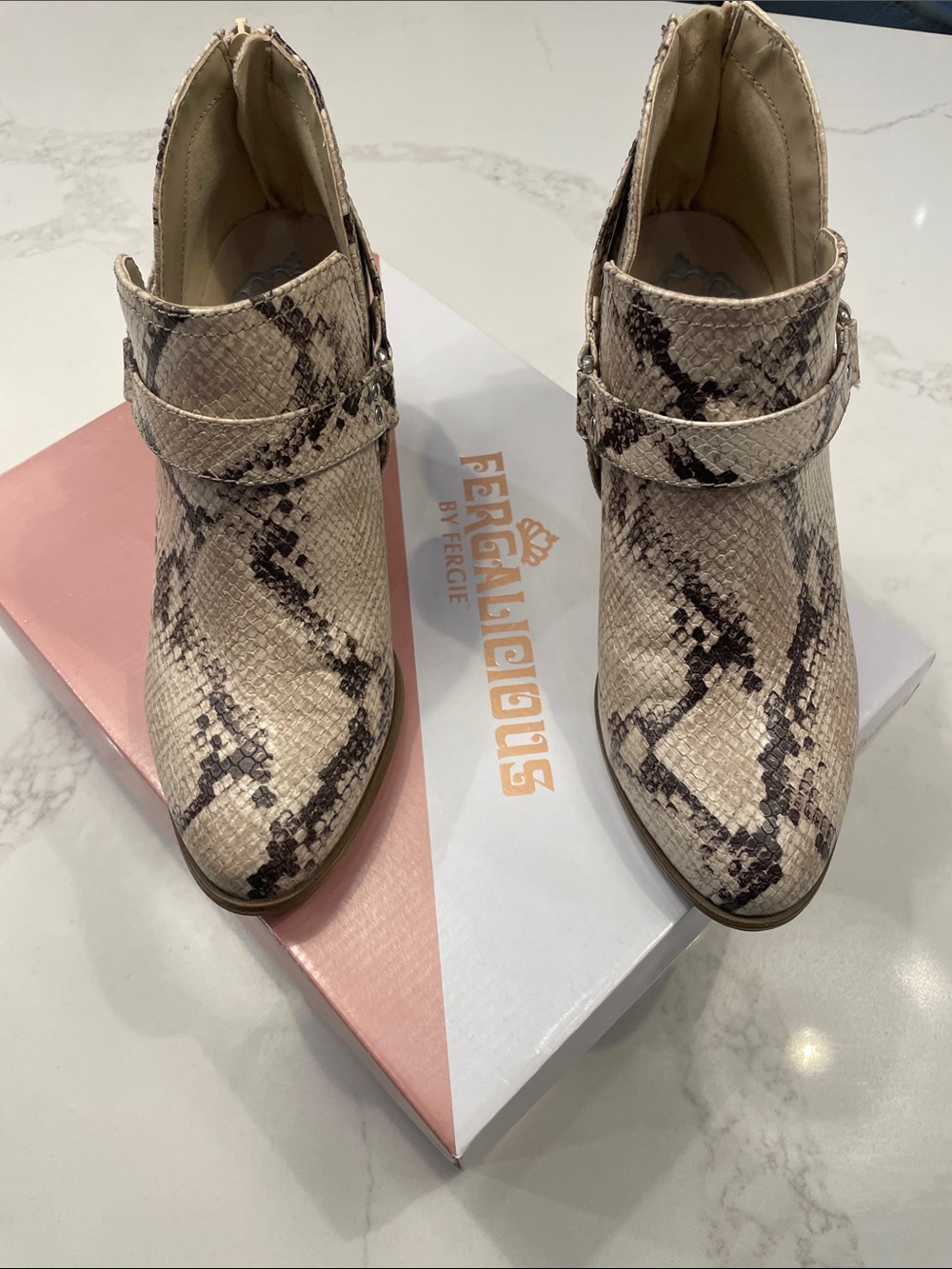 Fergalicious Beige Snake-Print Ankle Booties with Strap